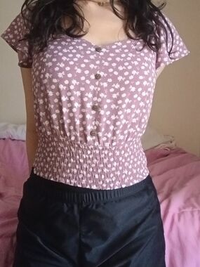 Muted purple top with white flower pattern